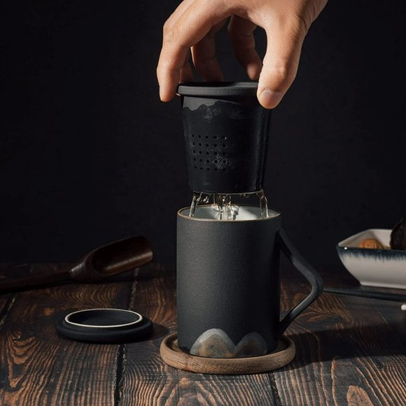 Japanese Ceramic Tea Cup Mug with Filter + Saucer - Picture 7 of 11